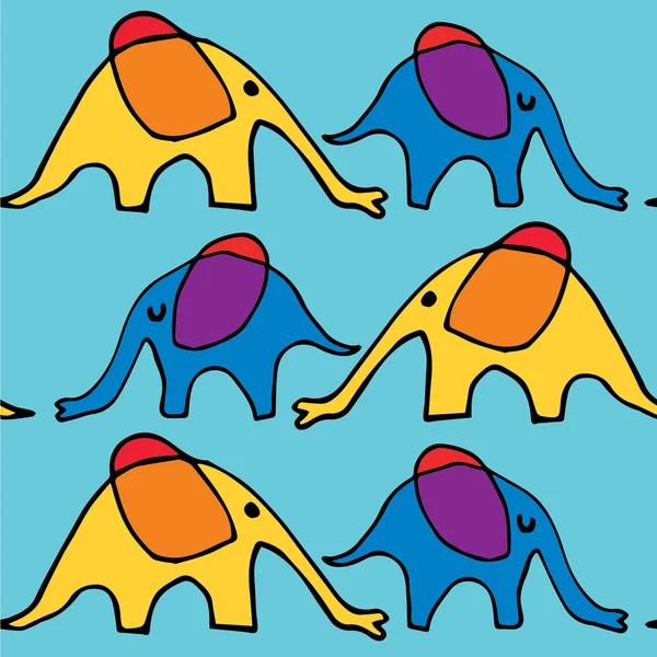 Elefantes de dibujos animados amarillos y azules sobre fondo azul claro — Vector de stock