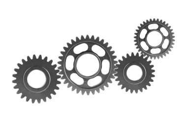 Metal teçhizat beyaz arka planda motor arabası ve motor için izole edildi, takım çalışması.