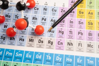 Periyodik tablo arka planında moleküller kimyasal.