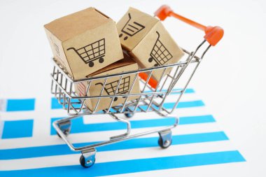 Çevrimiçi alışveriş, Yunanistan bayrağında alışveriş arabası kutusu, ithalat ihracat ve finans sektörü.