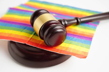 Gavel, LGBT gurur ayının sembolü olan gökkuşağı bayrağında hakim avukat adayı..