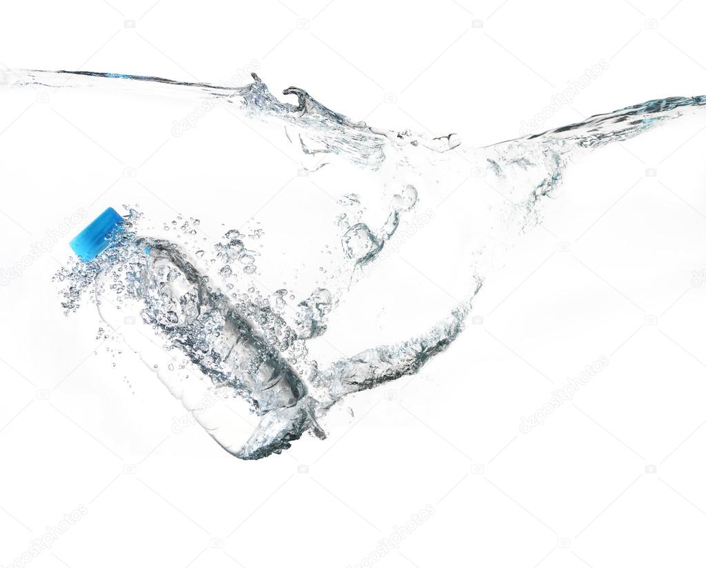 Bottle of water splash on white background