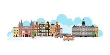 Amsterdam'ın eski renkli binalar. Vektör çizim