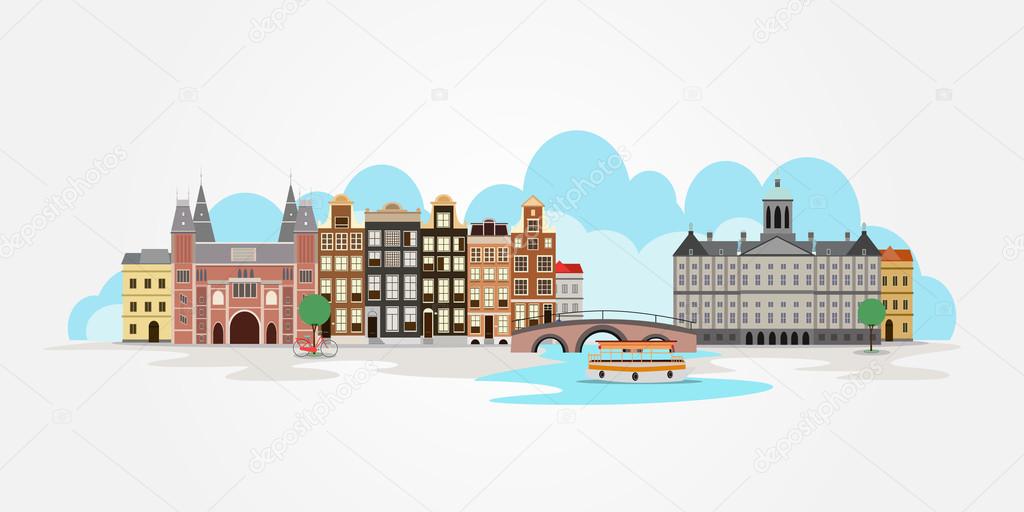 Old colourful buildings in Amsterdam. Vector illustration