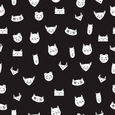 Güzel kedi. Seamless modeli. Siyah arka plan beyaz kedi ile