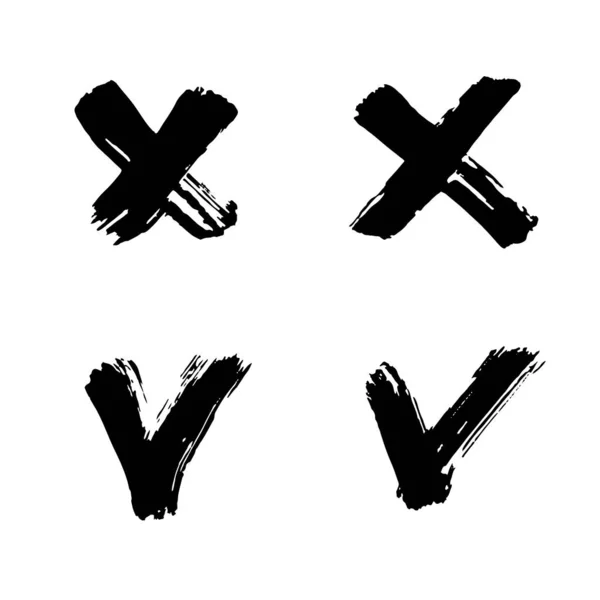 Häkchen Und Kreuzsymbole Gesetzt Handzeichnung Farbe Pinselzeichnung Vereinzelt Auf Weißem — Stockvektor