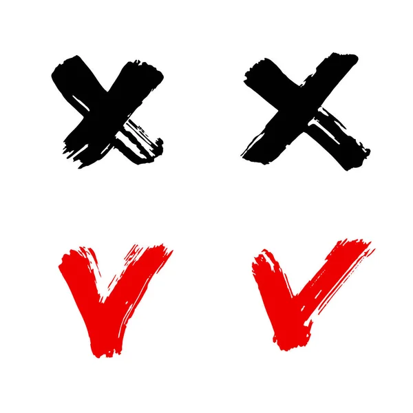 Häkchen Und Kreuzsymbole Gesetzt Handzeichnung Farbe Pinselzeichnung Isoliert Doodle Grunge — Stockvektor