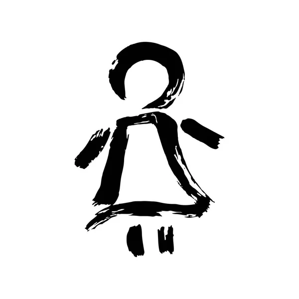 女の子のアイコン 手描き 筆描き 白い背景に隔離されています グランジスタイルのアイコンをドールします — ストックベクタ