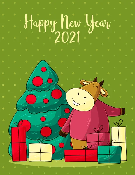 2021年明けましておめでとうございます 牛の漫画の文字の黄道帯伝統的な クリスマスツリー 贈り物 中国の旧正月2021年の牛の デザインのテンプレート ポスター カード 招待状 チラシ — ストックベクタ