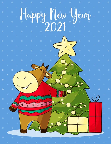 2021年明けましておめでとうございます 牛の漫画の文字の黄道帯伝統的な クリスマスツリー 贈り物 中国の旧正月2021年の牛の デザインのテンプレート — ストックベクタ