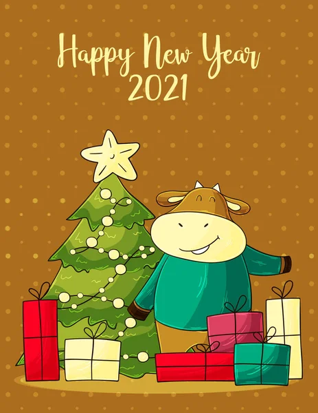 2021年明けましておめでとうございます 伝統的なオックス漫画のキャラクターの黄道帯 中国の旧正月2021年の牛の デザインのテンプレート — ストックベクタ