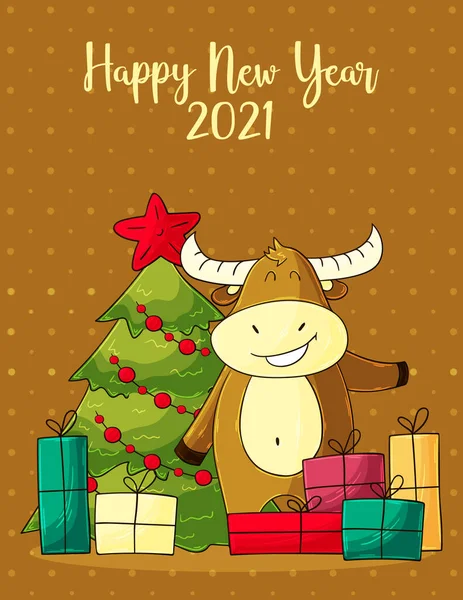 2021年明けましておめでとうございます 伝統的なオックス漫画のキャラクターの黄道帯 中国の旧正月2021年の牛の あなたのデザインのためのテンプレート ポスター カード — ストックベクタ