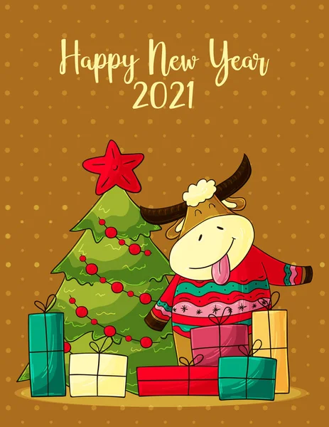 2021 Happy New Year Bull Cow Zodiac Cartoon Character Traditional — Stock Vector