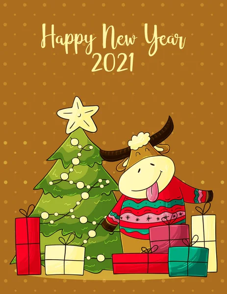 2021年明けましておめでとうございます 伝統的なオックス漫画のキャラクターの黄道帯 中国の新年2021年牛の年 — ストックベクタ