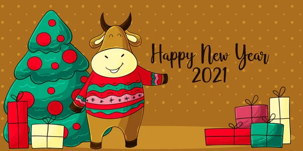 2021年明けましておめでとうございます 中国の旧正月2021年の牛の 中国の干支のシンボル 子供のイラスト デザインのテンプレート — ストックベクタ