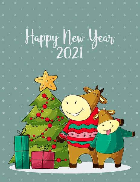 2021年明けましておめでとうございます 父と息子 中国の旧正月2021年の牛の 牛牛牛牛牛 — ストックベクタ