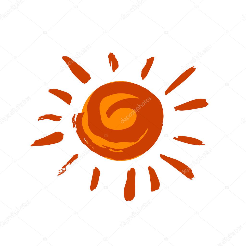 Sun icon. Doodle grunge style icon. Hand drawing paint, brush drawing. Isolated on a white background. Decorative element. Outline, line icon, cartoon illustration
