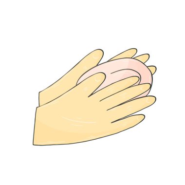 Vector icon in hand draw style. Image isolated on white background. Bathroom. Hygiene products. Soap in the palms