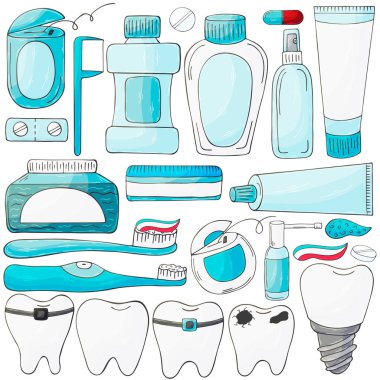 Tasarım elementlerinin vektör kümesi. Eldeki ağız boşluğunun bakımı için bir takım elementler. Diş temizliği, diş sağlığı. Diş ipi, diş ipi, fırça, yapıştırıcı, durulama