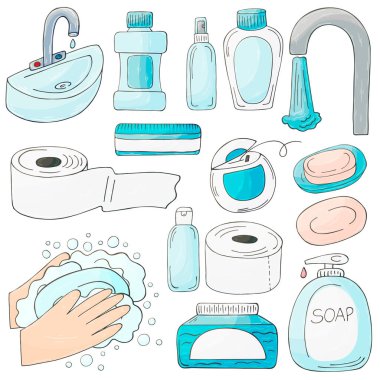 Tasarım elementlerinin vektör kümesi. El çizimi tarzında bir dizi banyo malzemesi. Kutu, paket, tüp koleksiyonu. Antiseptik, diş ipi, tuvalet kağıdı.