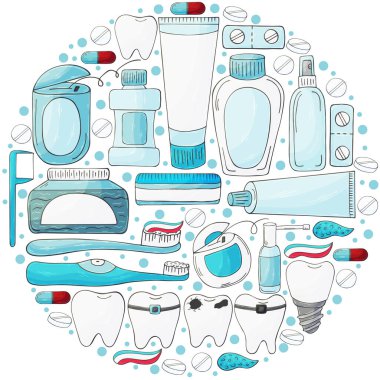 Yuvarlak dizayn elementleri. Eldeki ağız boşluğunun bakımı için bir takım elementler. Diş temizliği, diş sağlığı. Diş ipi, diş ipi, fırça, yapıştırıcı.