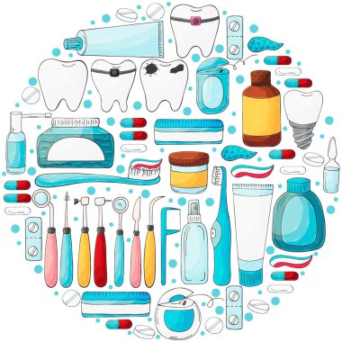 Vektör çizimlerinin yuvarlak koleksiyonu. Eldeki ağız boşluğunun bakımı için bir takım elementler. Diş temizliği, diş sağlığı, diş aletleri
