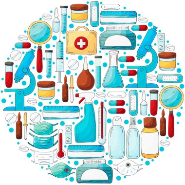 Vektör çizimlerinin yuvarlak koleksiyonu. Laboratuvar asistanı doktor aletleri el çizimi tarzında ayarlandı. Analiz araçları, virüs aramaları. Doktor çantası, mikroskop, aletler.