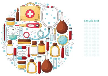 Vektör illüstrasyonlarının yuvarlak koleksiyonu, metin. Doktor aletleri el çizimi tarzında. Ambulans doktor aletleri, tıbbi çantalar, ilaçlar, steteskop, maskeler.