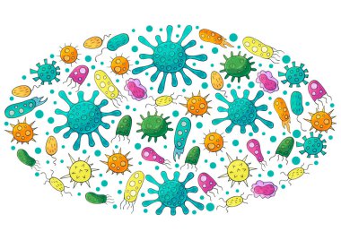 Oval vektör dizayn elementleri. Çizgi film mikropları el çizimi tarzında. Koronavirüs, virüsler, bakteriler, mikroorganizmalar