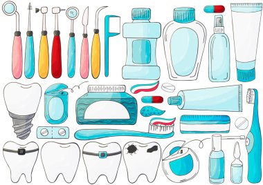 Vektör çizimleri koleksiyonu. Eldeki ağız boşluğunun bakımı için bir takım elementler. Diş temizliği, diş sağlığı, diş aletleri