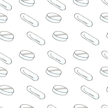 Beyaz bir arkaplanda vektörsüz desen. Beyaz karikatür tıbbi ilaçlar el çizimi tarzında. Paketleme ve tablet reklamı için arkaplan