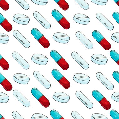 Beyaz bir arkaplanda vektörsüz desen. Karikatür tıbbi ilaçlar el çizimi tarzında. Paketleme ve reklam için arka plan