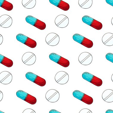 Beyaz bir arkaplanda vektörsüz desen. Karikatür tıbbi ilaçlar el çizimi tarzında. Ambalaj için arka plan, tablet reklamları