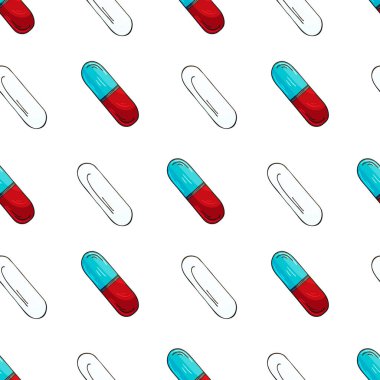 Beyaz bir arkaplanda vektörsüz desen. Karikatür tıbbi ilaçlar el çizimi tarzında. Ambalaj için arka plan, tablet reklamları, kapsüller