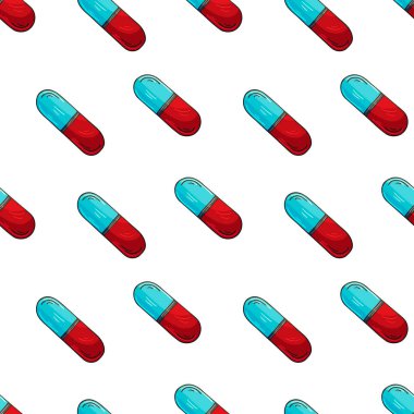 Beyaz bir arka planda kusursuz desen. Çizgi film tıbbi uyuşturucular elde çizim stili