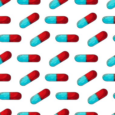 Karikatür tıbbi ilaçlar el çizimi tarzında. Beyaz bir arka planda kusursuz desen. Ambalaj için arka plan, tablet reklamları
