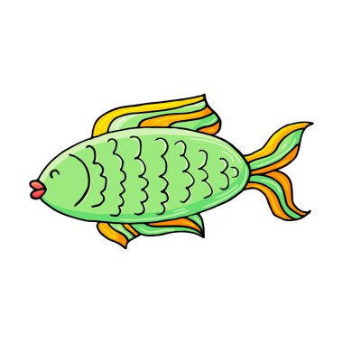 Yeşil balık. Deniz teması simgesi elde çizim stili. Deniz yaşamının sevimli çocuksu çizimi. Simge, rozet, çıkartma, kıyafet baskısı
