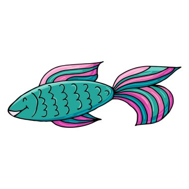 Şirin balık. Deniz teması simgesi elde çizim stili. Deniz yaşamının sevimli çocuksu çizimi. Simge, rozet, çıkartma, kıyafet baskısı