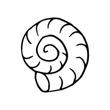 Birleşme. Dönen kabuk. Deniz teması simgesi elde çizim stili. Deniz yaşamının sevimli çocuksu çizimi. Simge, rozet, çıkartma, kıyafet baskısı