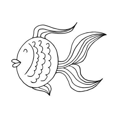 Birleşme. Sihirli balık. Deniz teması simgesi elde çizim stili. Deniz yaşamının sevimli çocuksu çizimi. Simge, rozet, çıkartma, kıyafet baskısı