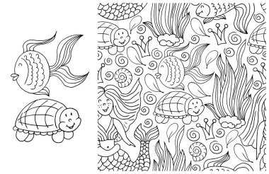 Bir takım elementler ve pürüzsüz desenler. Çocuk kıyafetleri için ideal. Balık, kaplumbağa ve deniz unsurları. Sevimli çizimler