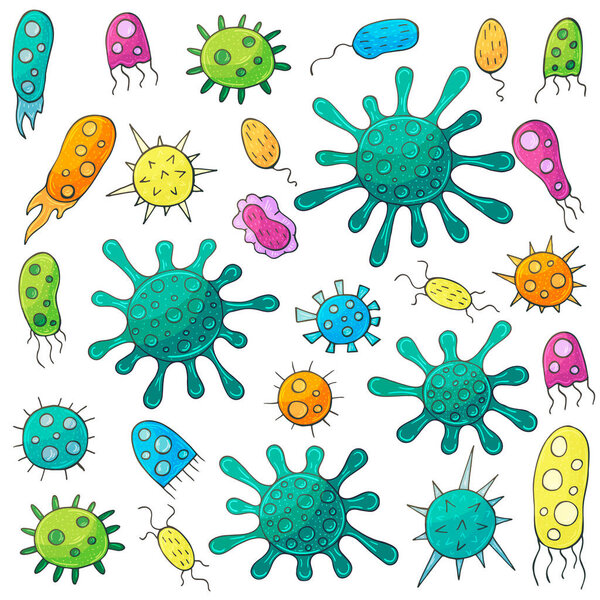 Векторный набор конструктивных элементов. Набор мультяшных микробов в стиле рисования вручную. Коронавирус, вирусы, бактерии, микроорганизмы