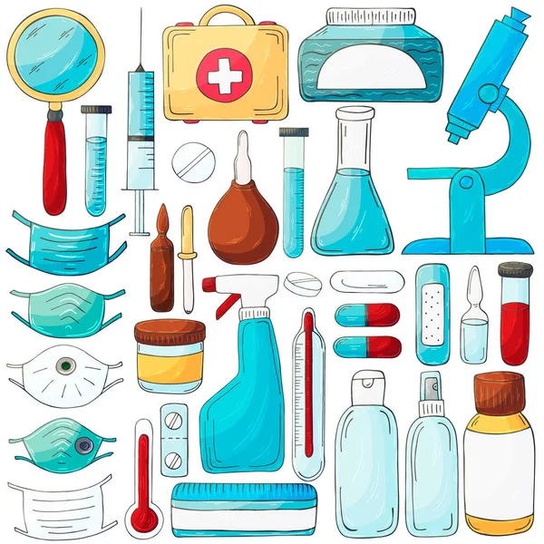 Conjunto De Desenhos Animados Bonito De Equipamentos De Laboratório.  Coleção Médica De Ferramentas Hospitalares. Ilustração Vetorial Preta  Desenhada À Mão Isolada No Branco. Todos Os Objetos Organizados Em Grupos  Para Fácil Edição.