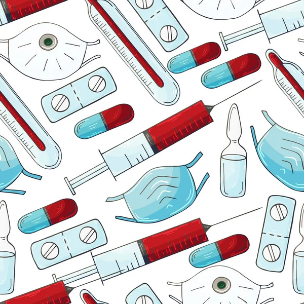 Patrón Sin Costuras Sobre Fondo Blanco Instrumentos Médicos Dibujos Animados — Vector de stock