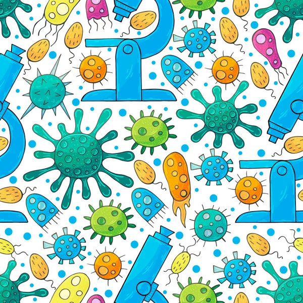 Bactéries Sans Couture Microbes Recherche Virus Microscope Microbes Dessin Animé — Image vectorielle