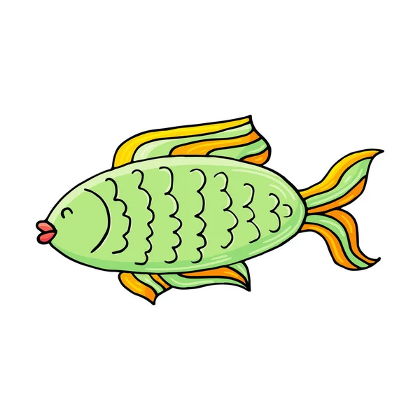 Зелена Риба Піктограма Морської Теми Стилі Малювання Мила Дитяча Ілюстрація — стоковий вектор