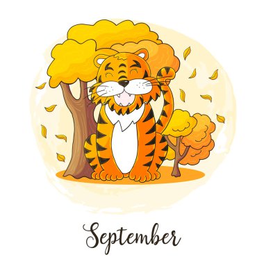 Takvim dekorasyonu için 2022 yılı sembolü. Eylül 2022. Çin ya da Doğu takvimine göre Kaplanın Yeni Yılı. El çizimi biçiminde sevimli vektör illüstrasyonu