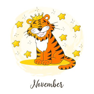 Takvim dekorasyonu için 2022 yılı sembolü. Kasım 2022. Çin ya da Doğu takvimine göre Kaplanın Yeni Yılı. El çizimi biçiminde sevimli vektör illüstrasyonu