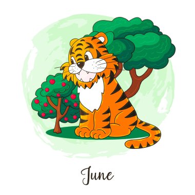 Takvim dekorasyonu için 2022 yılı sembolü. Haziran 2022. Çin ya da Doğu takvimine göre Kaplanın Yeni Yılı. El çizimi biçiminde sevimli vektör illüstrasyonu