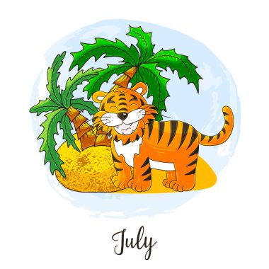 Takvim dekorasyonu için 2022 yılı sembolü. Temmuz 2022. Çin ya da Doğu takvimine göre Kaplanın Yeni Yılı. El çizimi biçiminde sevimli vektör illüstrasyonu